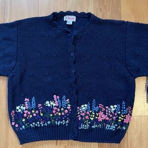 Vintage Orvis Navy Floral Embroidered Cardigan Sweater